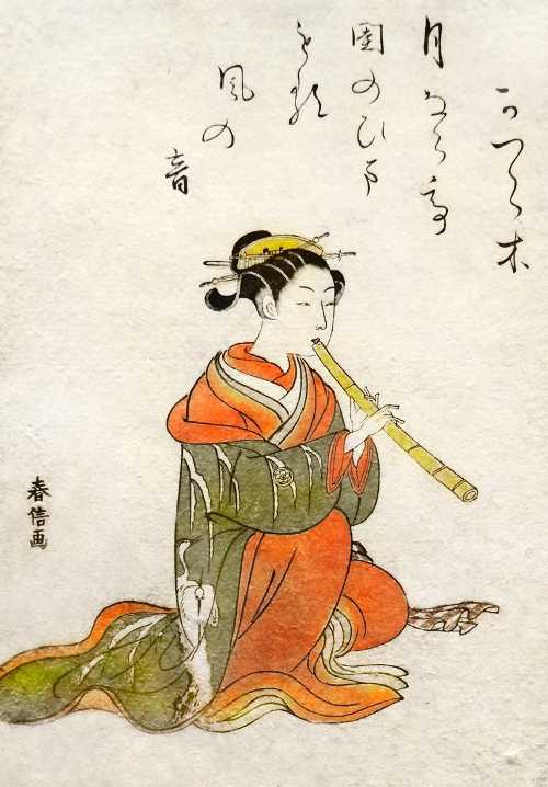 courtisane jouant du Shakuhachi (Suzuki Harunobu c. 1750)